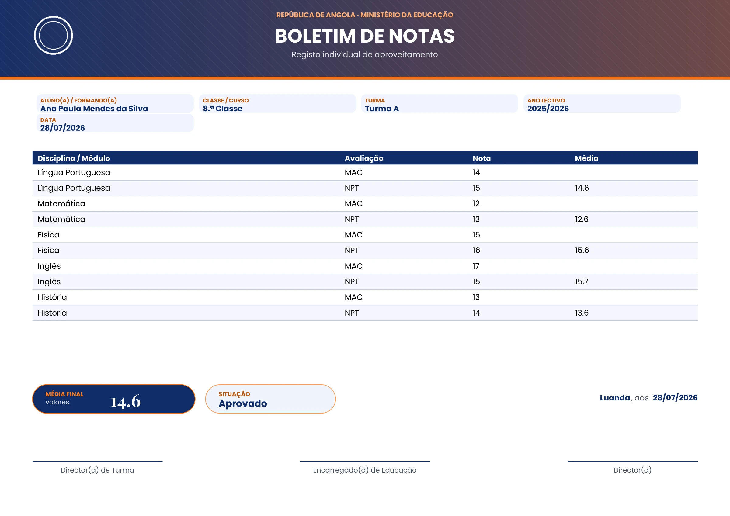 Pré-visualização ampliada do modelo Boletim de Notas - Executivo - Cobalto e Laranja