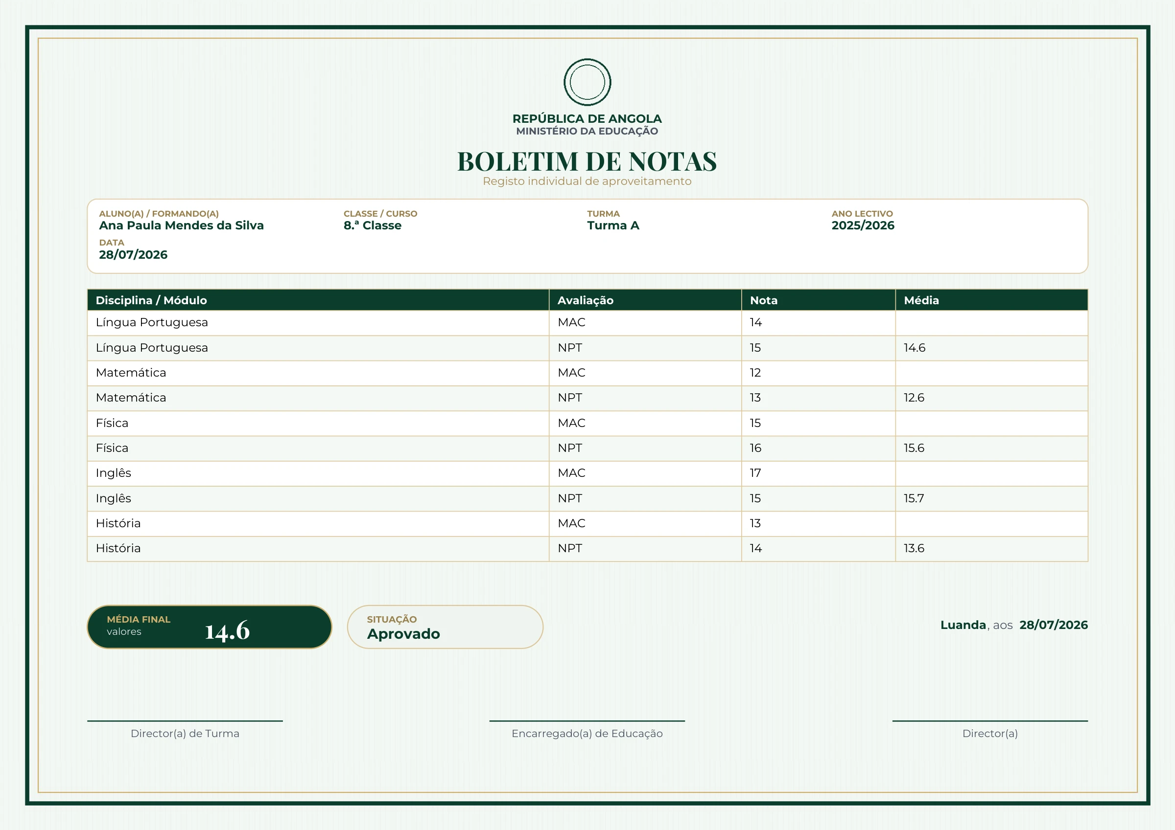 Pré-visualização ampliada do modelo Boletim de Notas - Institucional - Esmeralda Real