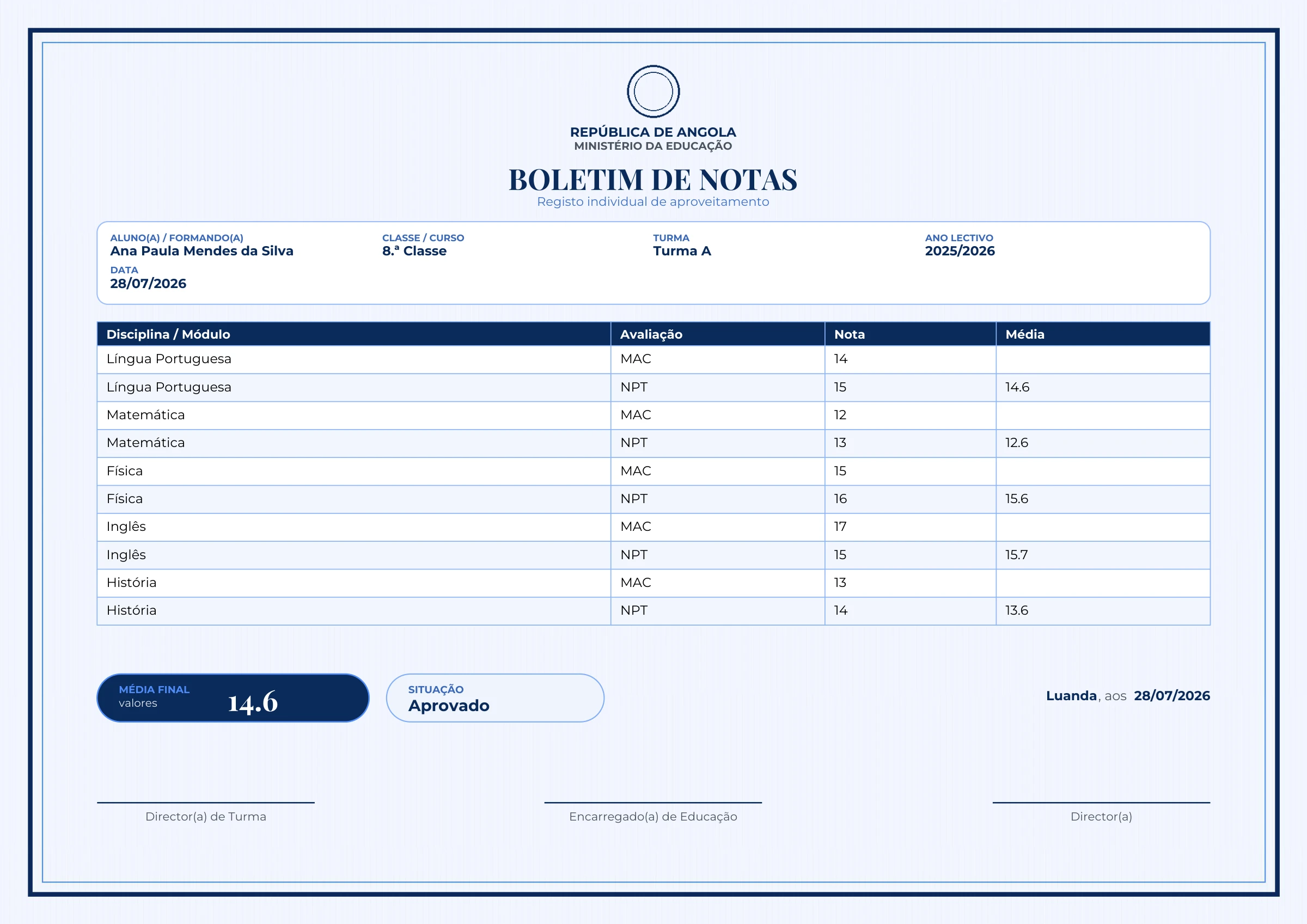 Pré-visualização ampliada do modelo Boletim de Notas - Institucional - Safira