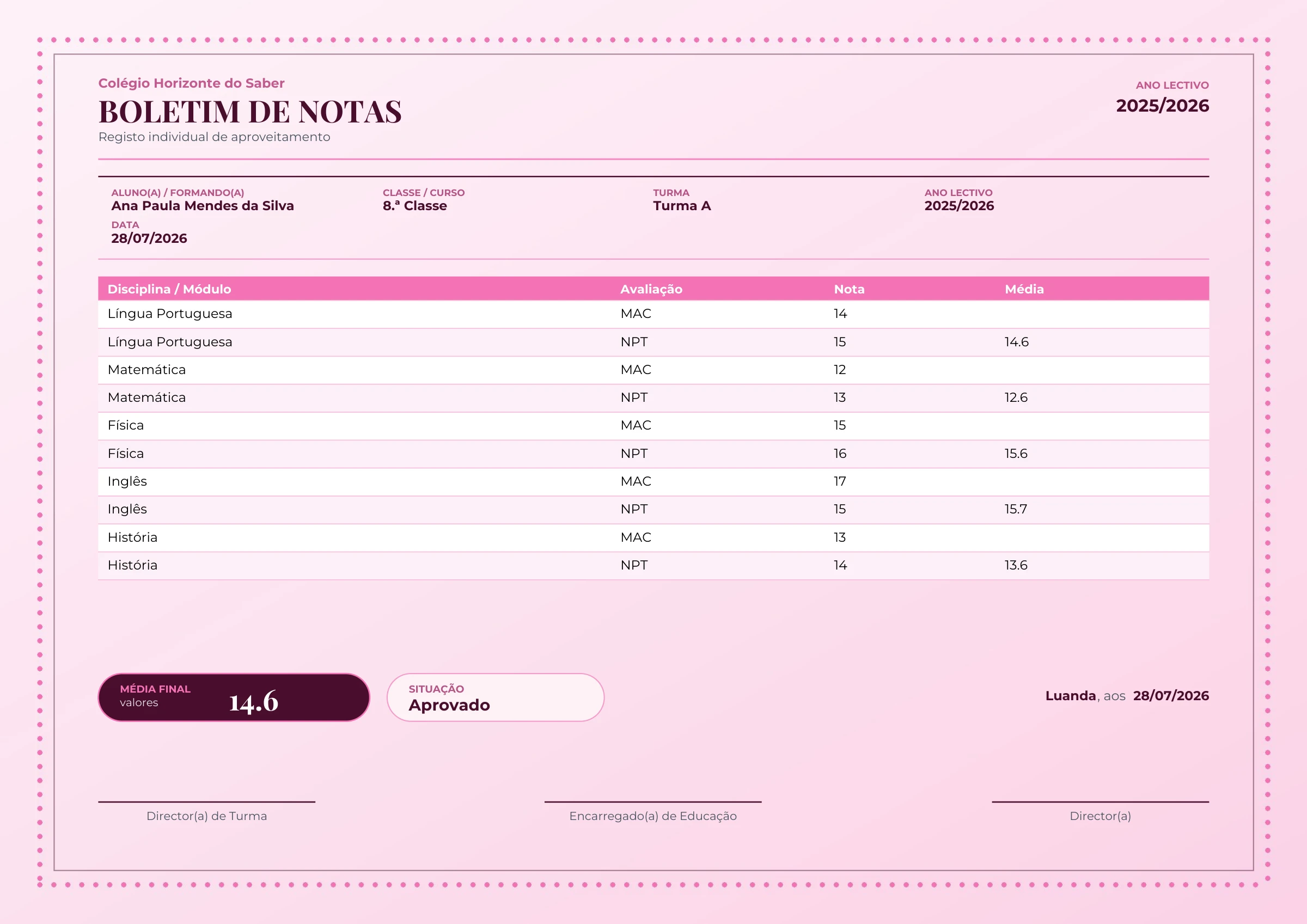 Pré-visualização ampliada do modelo Boletim de Notas - Pontilhado - Vinho e Rosa