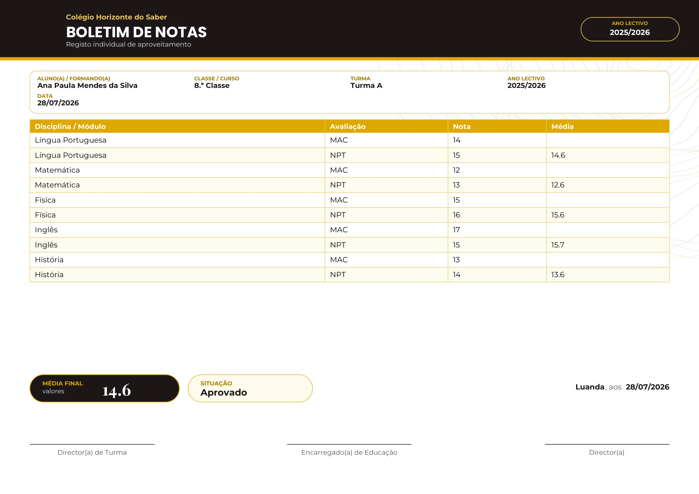 Pré-visualização ampliada do modelo Boletim de Notas - Topográfico (Horizontal) - Mostarda