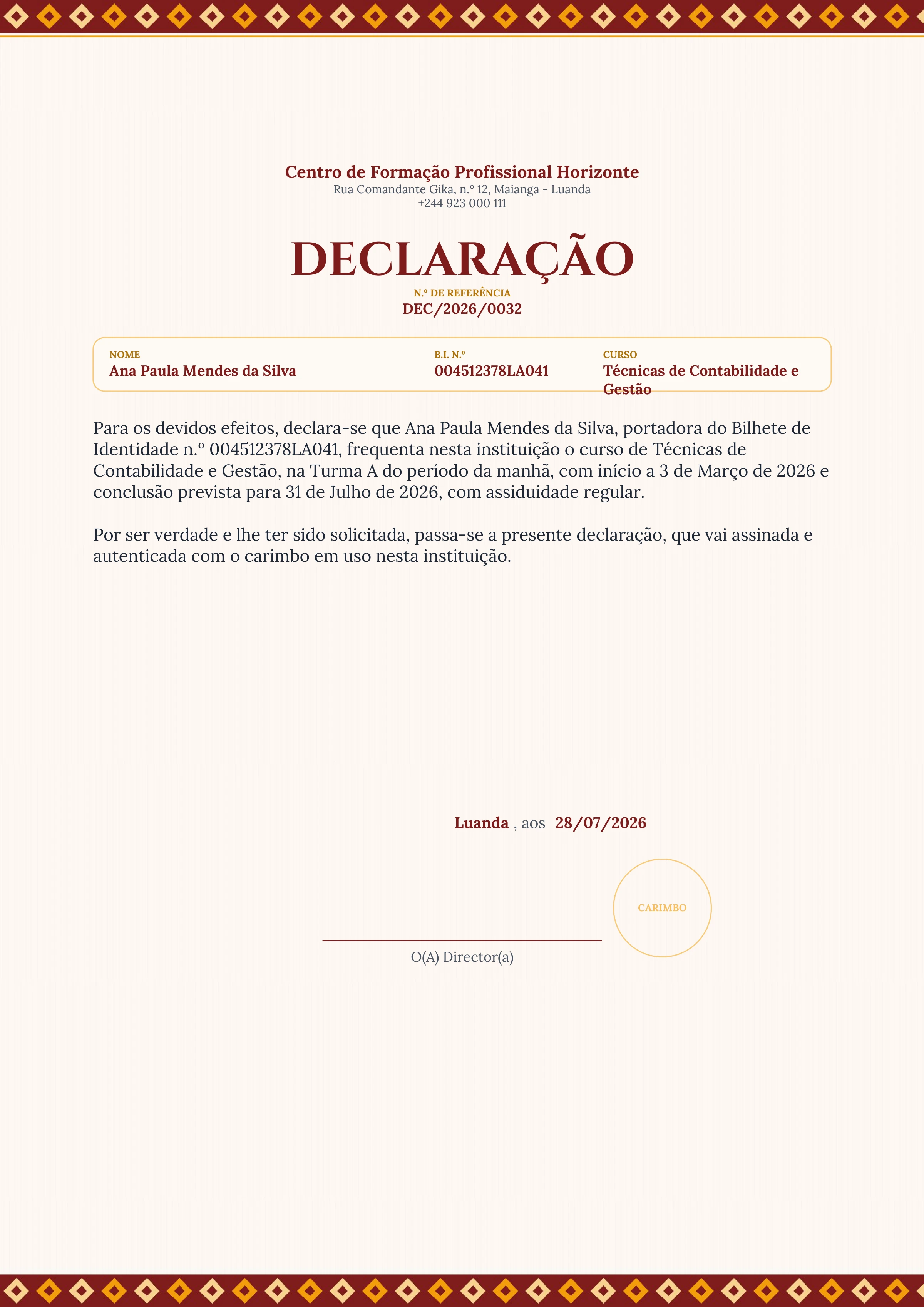 Pré-visualização ampliada do modelo Declaração - Samakaka - Terra Vermelha