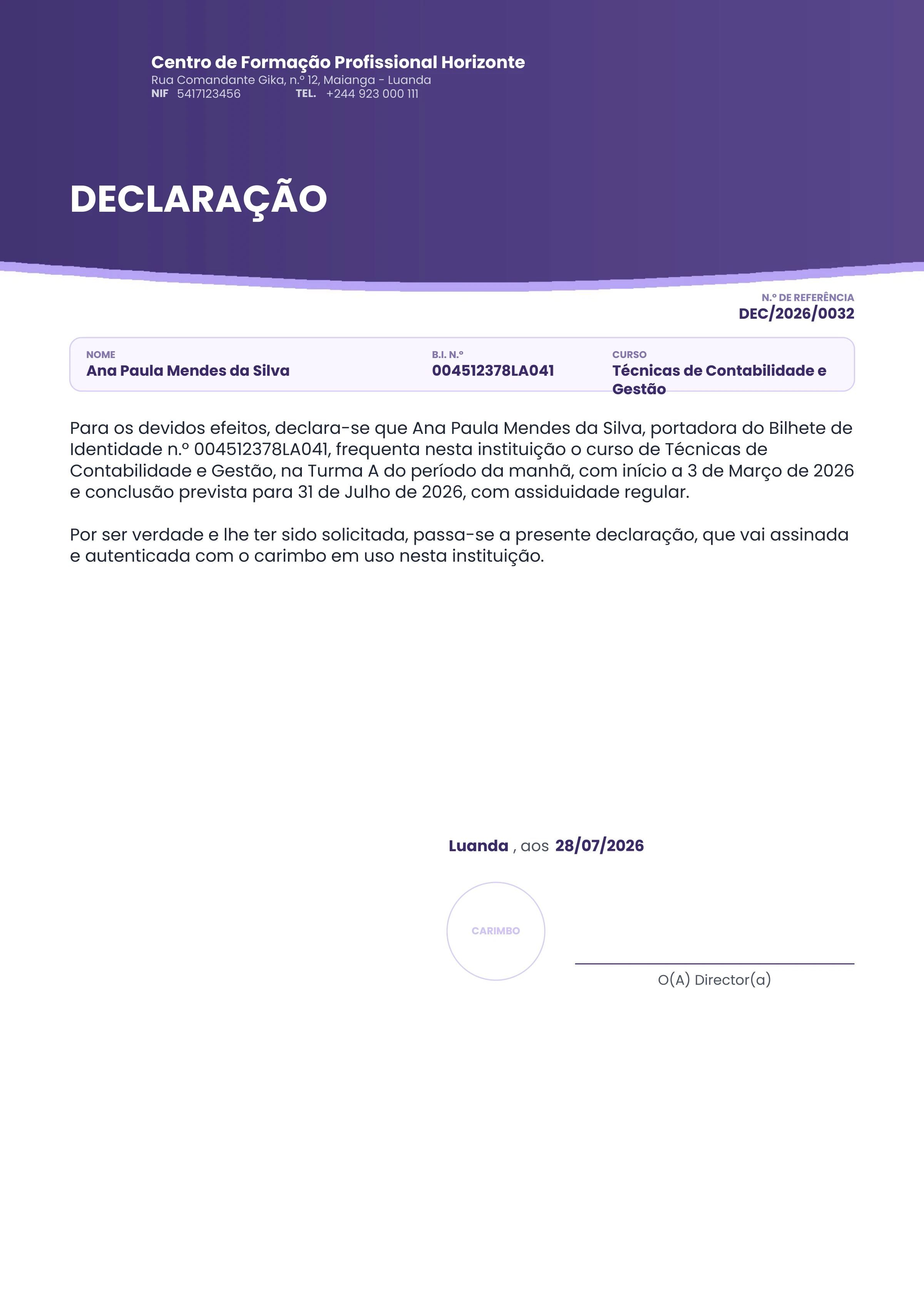 Pré-visualização ampliada do modelo Declaração - Cabeçalho Curvo - Lavanda