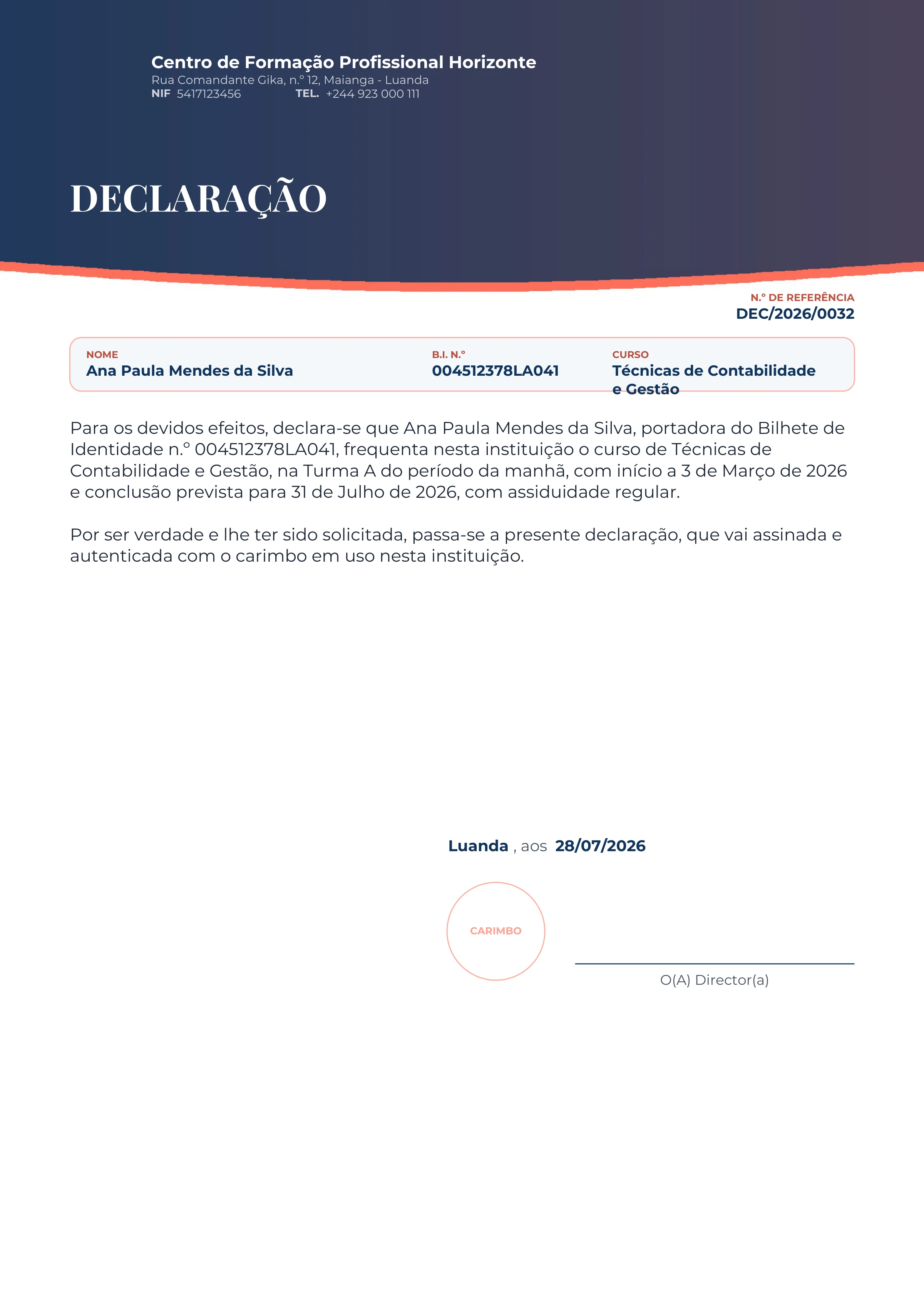 Pré-visualização ampliada do modelo Declaração - Cabeçalho Curvo - Marinho e Coral