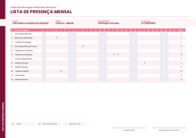 Pré-visualização do modelo Lista de Presença (Primário) - Etiqueta - Cereja (Listas de Presença)