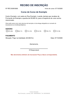 Pré-visualização do modelo Inscrição (Frente e Verso) de Recibos