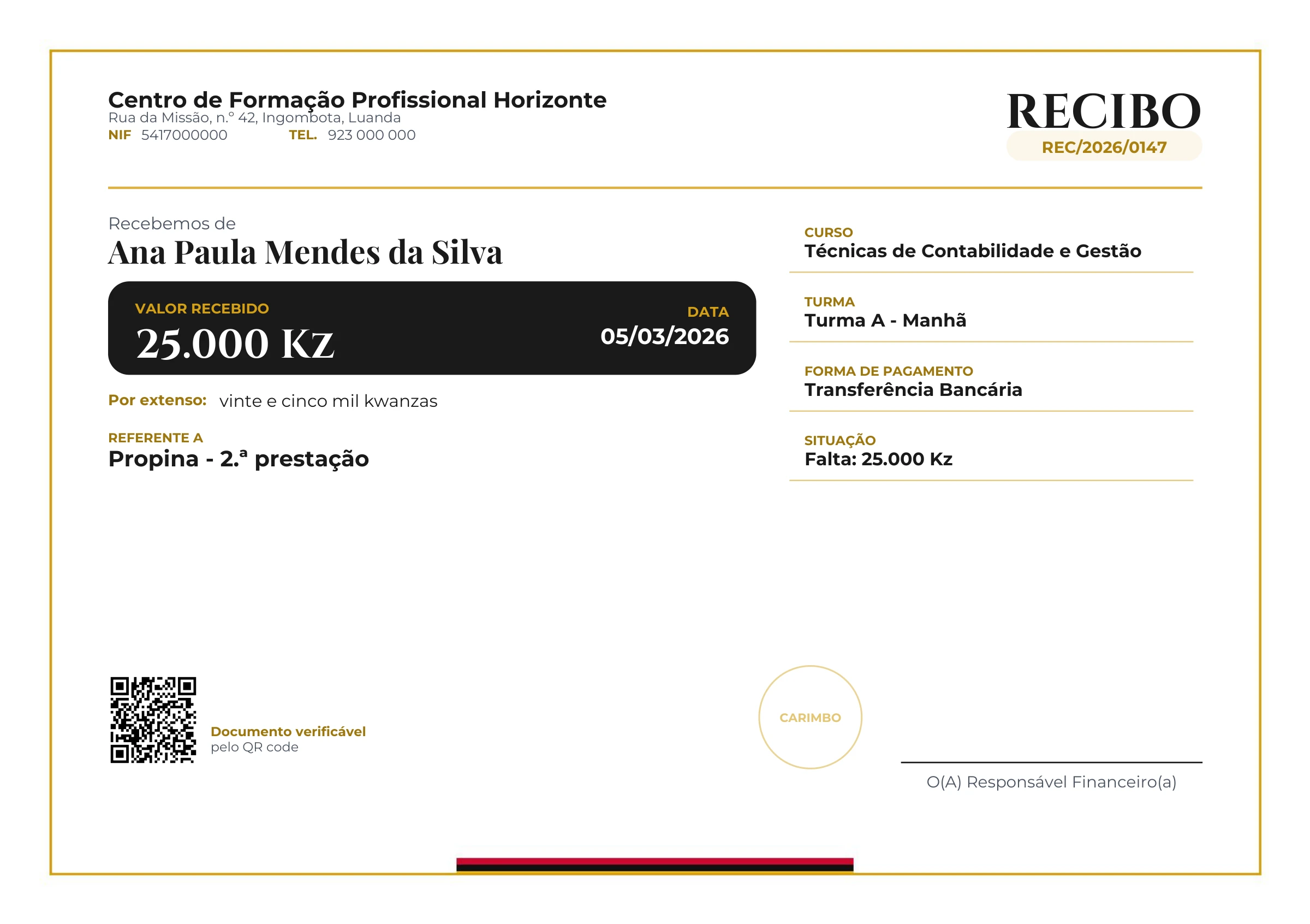 Pré-visualização ampliada do modelo Recibo - Nacional (Horizontal) - Angola