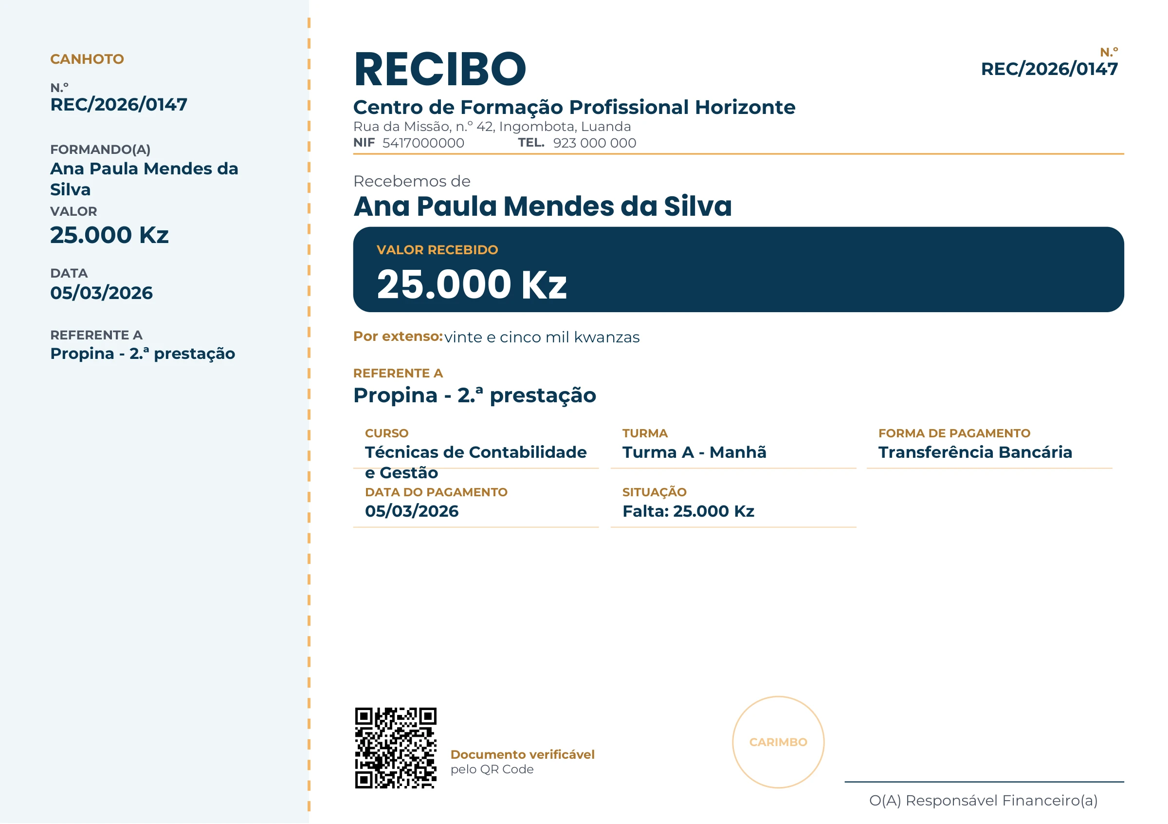 Pré-visualização ampliada do modelo Recibo - Talão (Horizontal) - Atlântico
