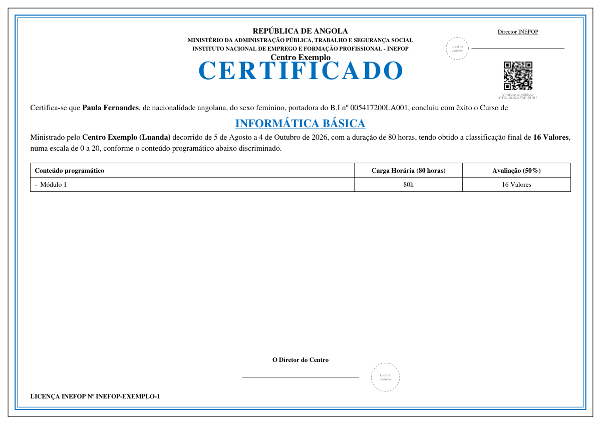 Certificado emitido pelo Certifixe, com QR Code de verificação pública