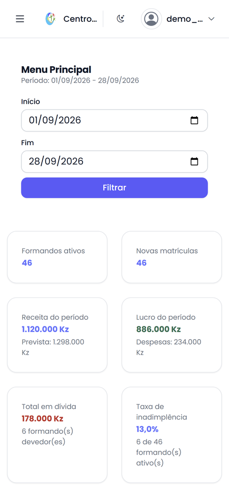 O mesmo Menu Principal num telemóvel