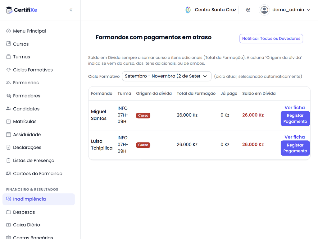Ecrã de formandos com pagamentos em atraso e o saldo em dívida de cada um