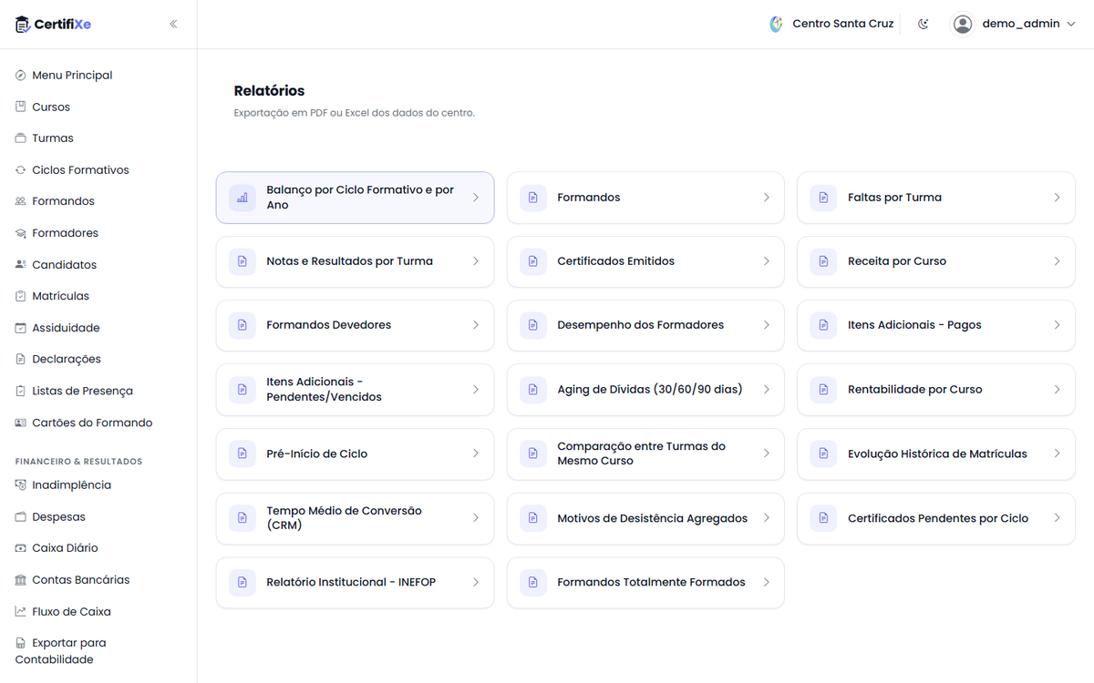 Menu de Relatórios do Certifixe, com relatórios prontos a exportar em PDF ou Excel